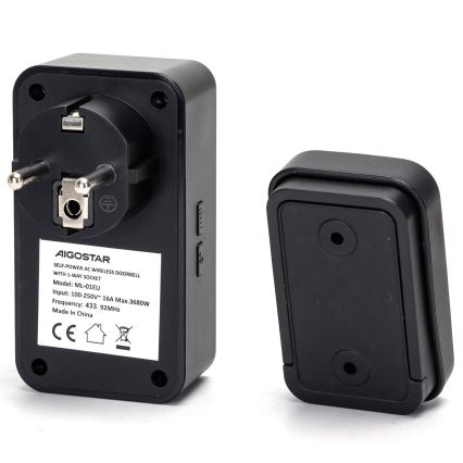 Aigostar - Vezeték nélküli csengő konnektorba 1Z 230V IPX4 fekete