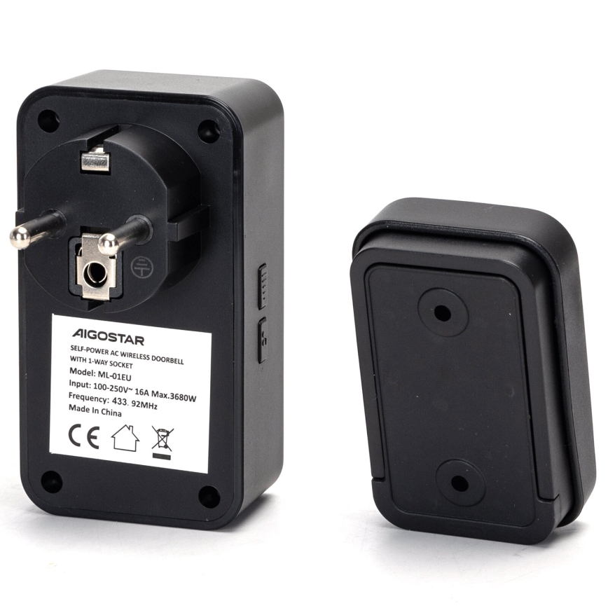 Aigostar - Vezeték nélküli csengő konnektorba 1Z 230V IPX4 fekete