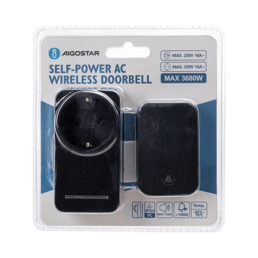 Aigostar - Vezeték nélküli csengő konnektorba 1Z 230V IPX4 fekete