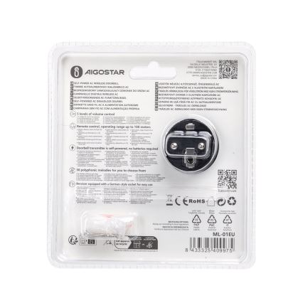 Aigostar - Vezeték nélküli csengő konnektorba 1Z 230V IPX4 fekete