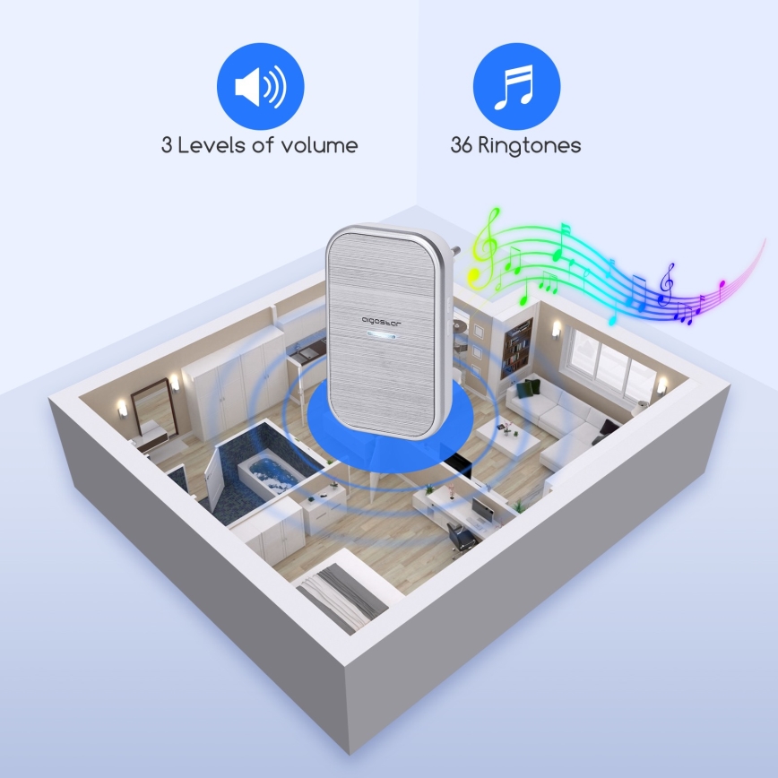 Aigostar - Vezeték nélküli, konnektorba dugható csengő 230V/12V IP44, ezüst
