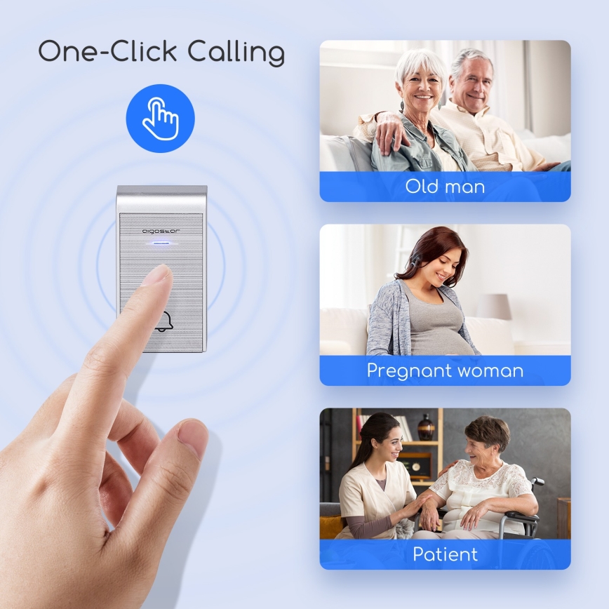 Aigostar - Vezeték nélküli, konnektorba dugható csengő 230V/12V IP44, ezüst