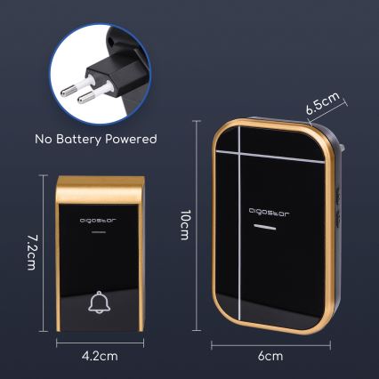 Aigostar - Vezeték nélküli, konnektorba dugható csengő 230V/12V, IP44, fekete