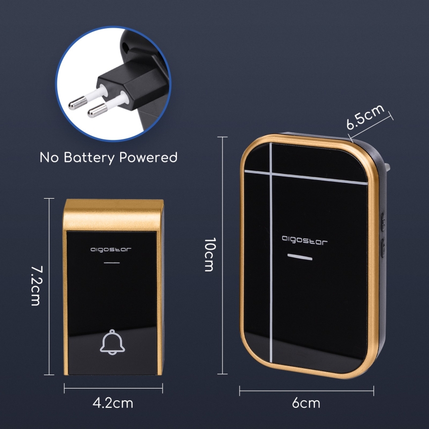 Aigostar - Vezeték nélküli, konnektorba dugható csengő 230V/12V, IP44, fekete