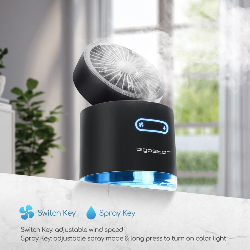 Aigostar - RGB Vezeték nélküli mini asztal ventilátor ködhatással MIST 10W/5V 2000mAh fekete