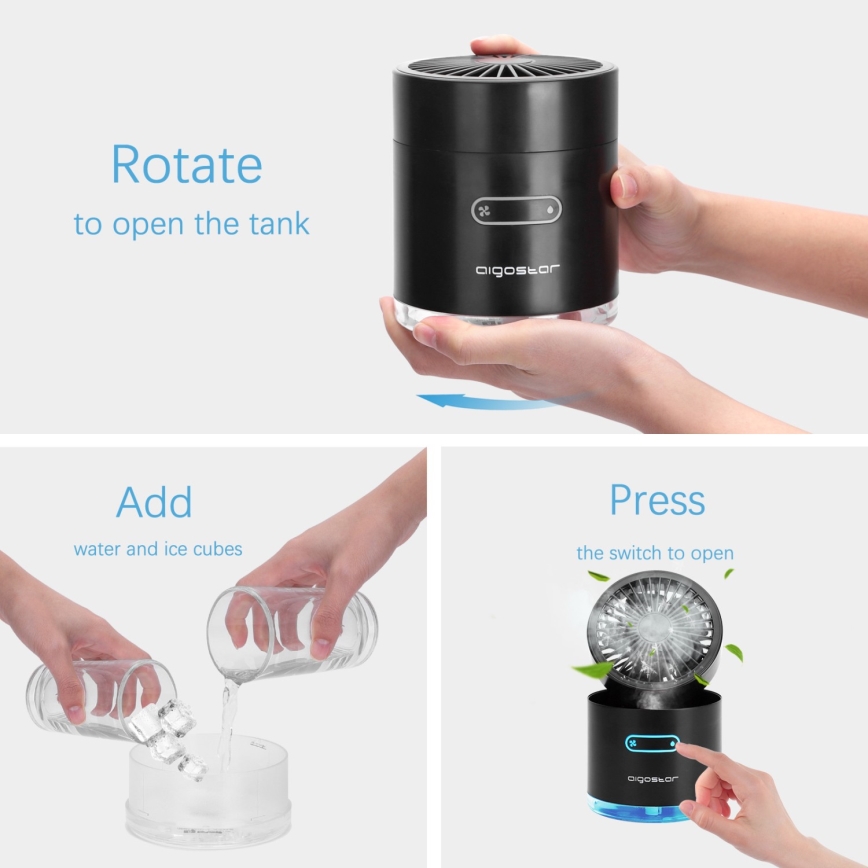 Aigostar - RGB Vezeték nélküli mini asztal ventilátor ködhatással MIST 10W/5V 2000mAh fekete