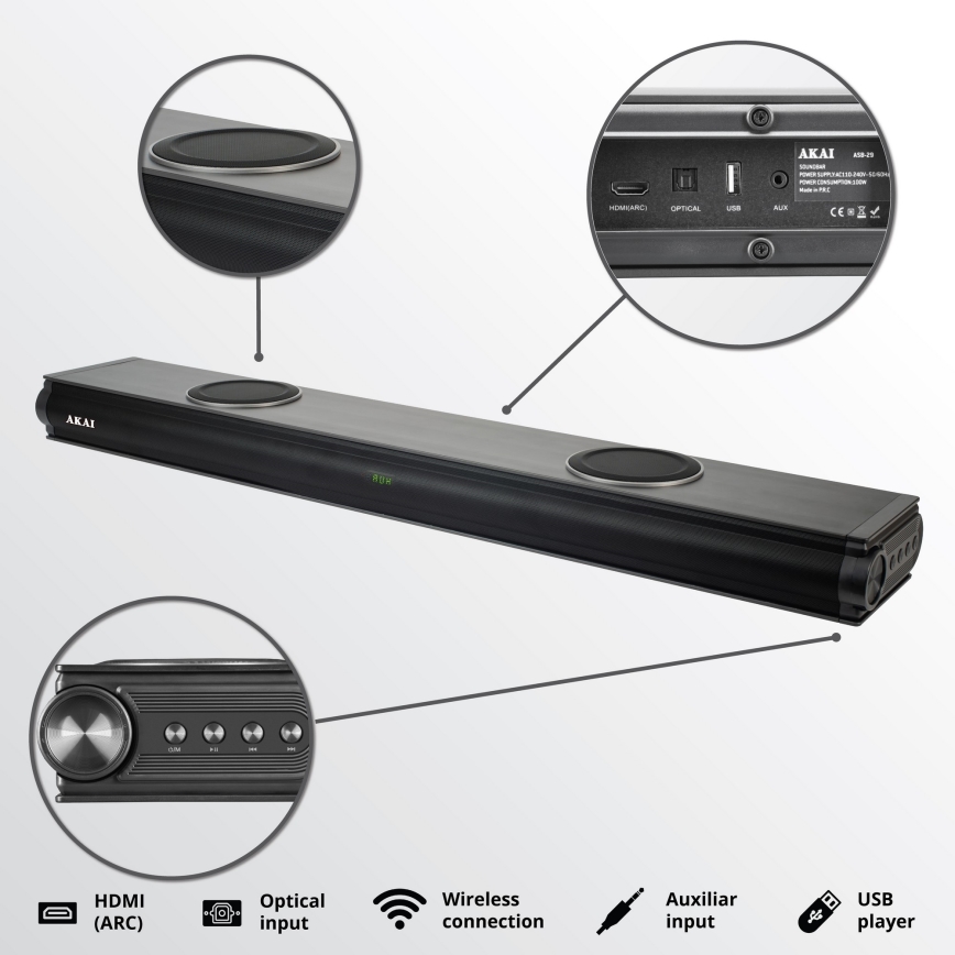 AKAI ASB-29 - Soundbar aktív mélynyomóval 120W/230V + távirányító