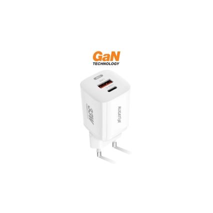 Aligator CHPD0020 - GaN gyorstöltő adapter, 33 W Power Delivery (PD), USB-A + USB-C, fehér