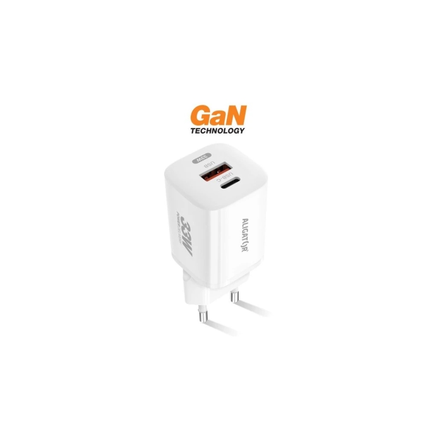 Aligator CHPD0020 - GaN gyorstöltő adapter, 33 W Power Delivery (PD), USB-A + USB-C, fehér