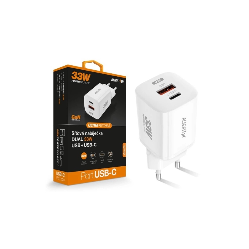 Aligator CHPD0020 - GaN gyorstöltő adapter, 33 W Power Delivery (PD), USB-A + USB-C, fehér