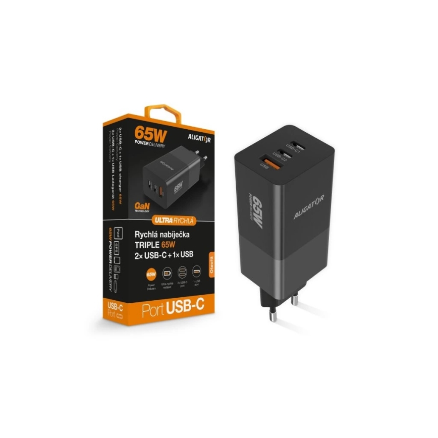 Aligator CHPD0027 - Gyors töltőadapter GaN Power Delivery 65W 2xUSB-C + USB-A fekete