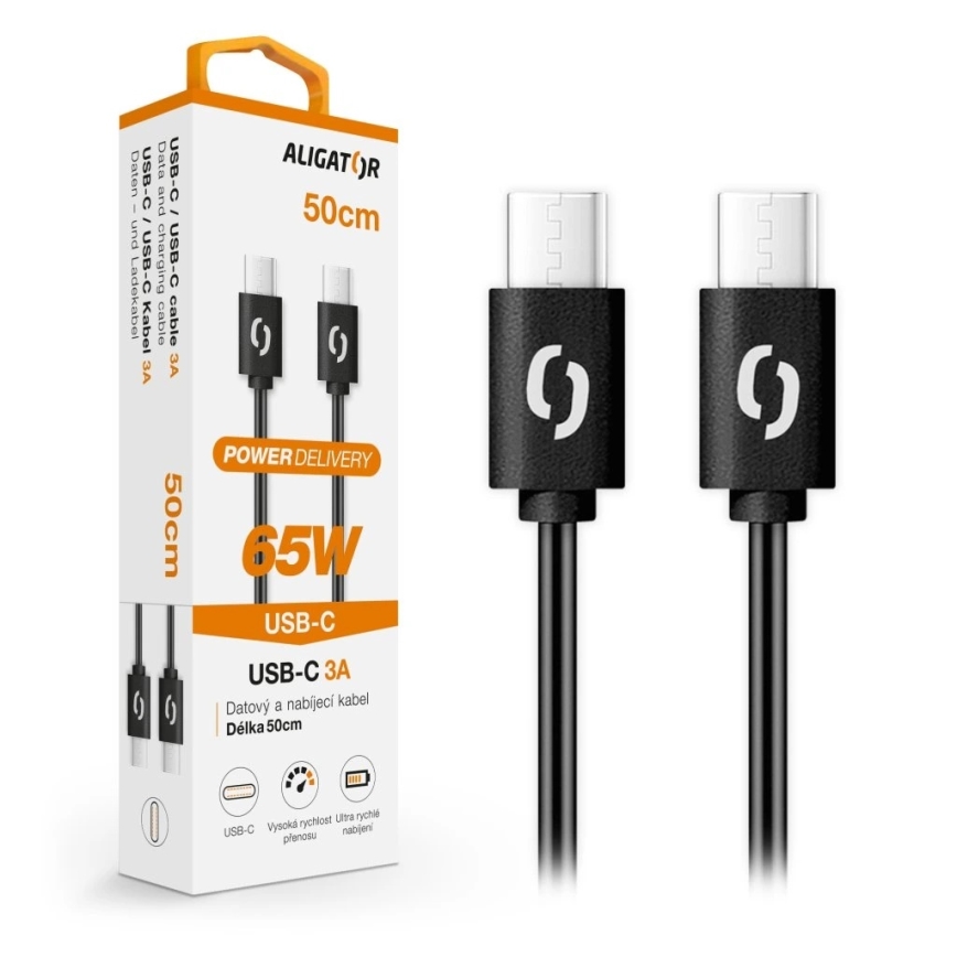 Aligator DATKP54 - USB-kábel USB-C/USB-C, 65 W Power Delivery (PD), 0,5 m, fekete