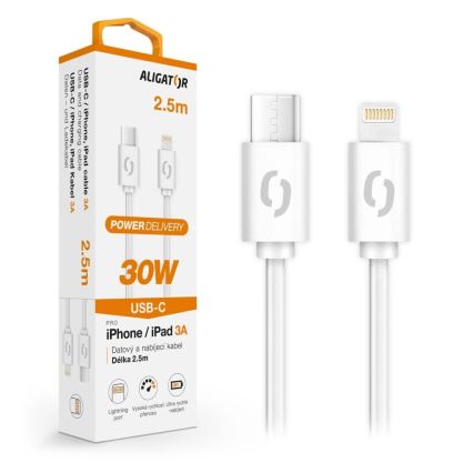Aligator DATKP61 - USB-kábel USB-C / Lightning 30 W Power Delivery 2,5 m fehér