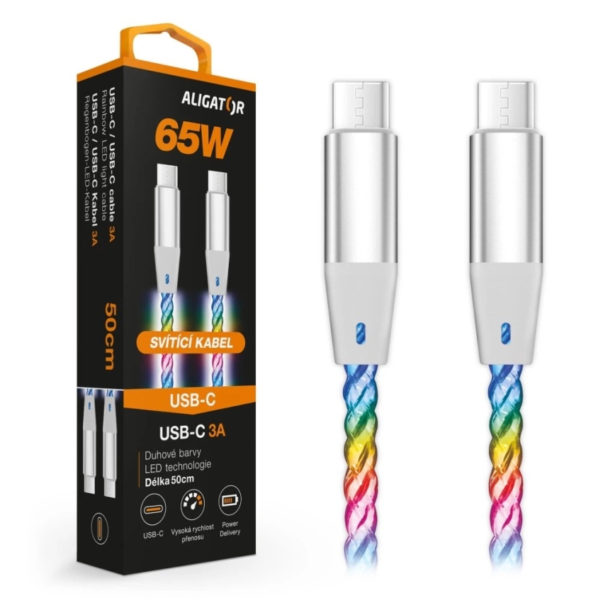 Aligator DATKP64 - USB-C/USB-C kábel LED háttérvilágítással, 65 W Power Delivery, 0,5 m