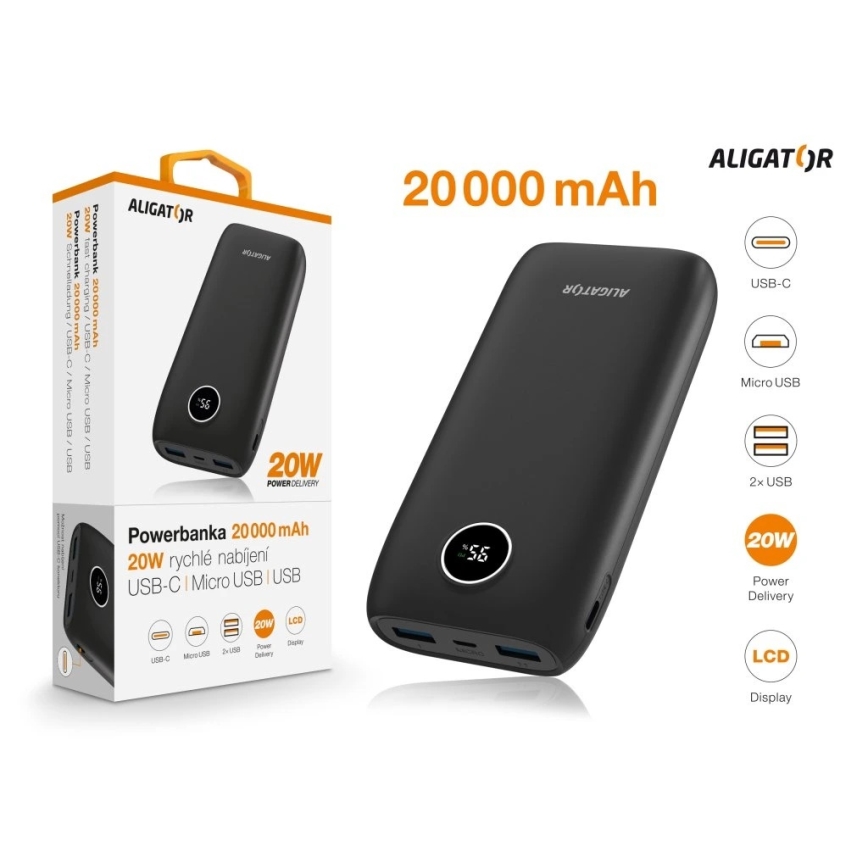 Aligator PBPD20BK - LCD kijelzős powerbank Power Delivery 20000 mAh/20W/3,7V, fekete