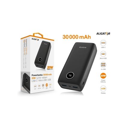 Aligator PBPD30BK - Powerbank LCD-kijelzővel Power Delivery 30000 mAh/20W/3,7V fekete