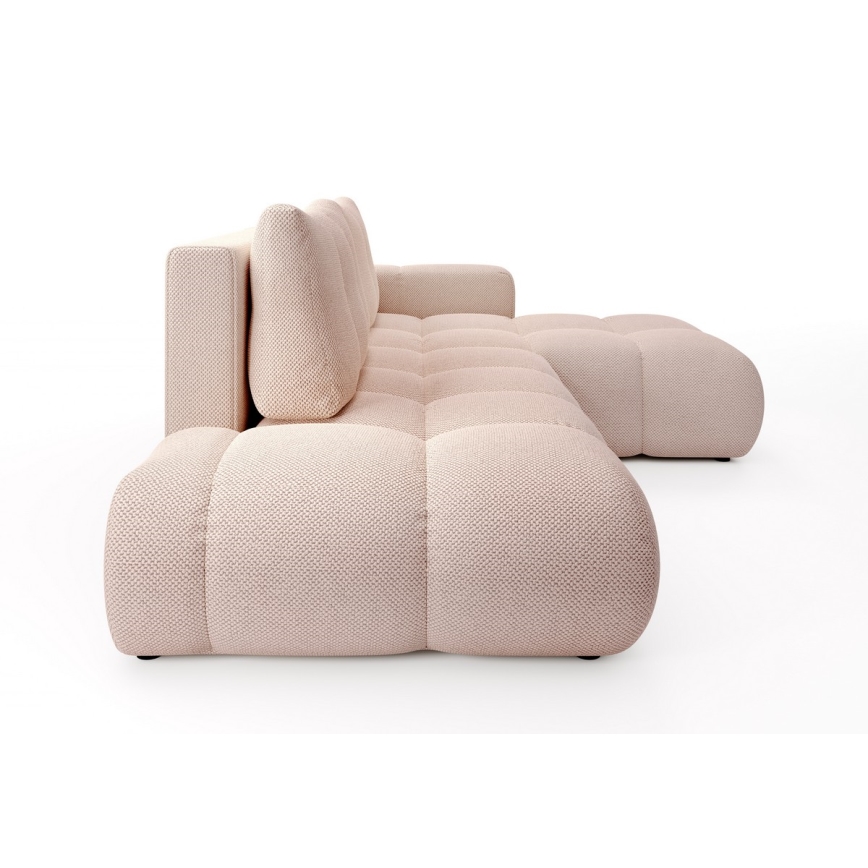 ALMADA ággyá alakítható, L-alakú kárpitozott sarokkanapé tárolórekesszel, jobb oldali, rózsaszín