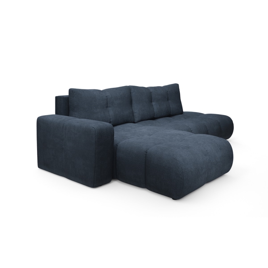 ALMADA L-alakú, ággyá alakítható kárpitozott sarokkanapé tárolóval, balos kivitel, kék