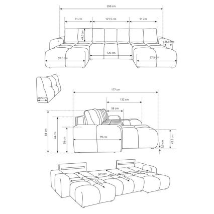 ALMADA U alakú kárpitozott ülőgarnitúra, ággyá alakítható, tárolóhellyel, bézs