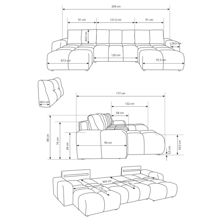ALMADA U alakú kárpitozott ülőgarnitúra, ággyá alakítható, tárolóhellyel, bézs