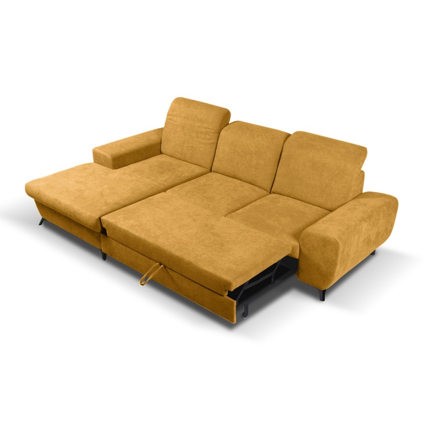 ALTA L-alakú, balos, ággyá alakítható kárpitozott sarokülőgarnitúra tárolóhellyel, sárga