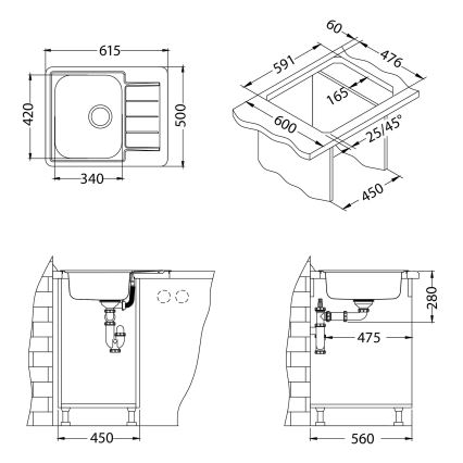ALVEUS 1144603 - Mosogató LINE 61,5x50 cm matt acél/satin, excenter nélkül