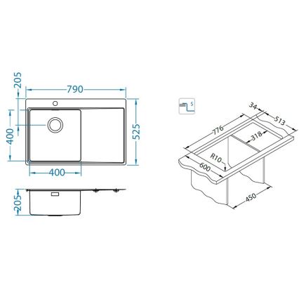 ALVEUS 1149516 - PURE konyhai mosogató 79x52,5 cm selyemfényű, jobb oldali + szifon gyorskioldóval