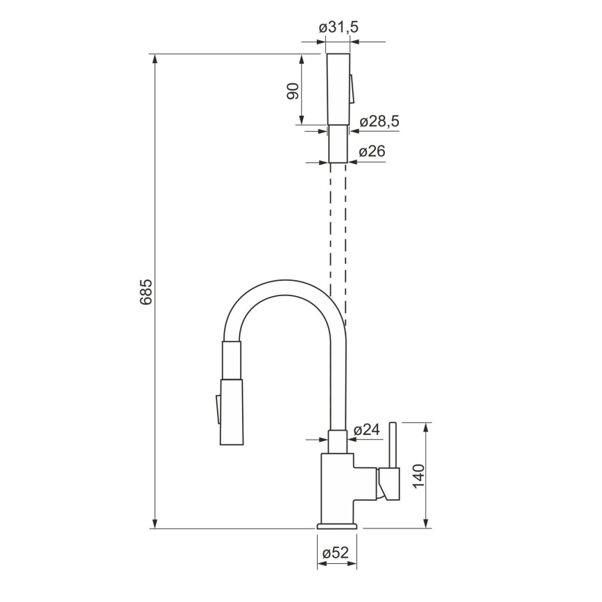 ALVEUS KI112111 - Mosogató csaptelep flexibilis karos zuhanyfejjel BEA 47 cm fényes króm/fekete