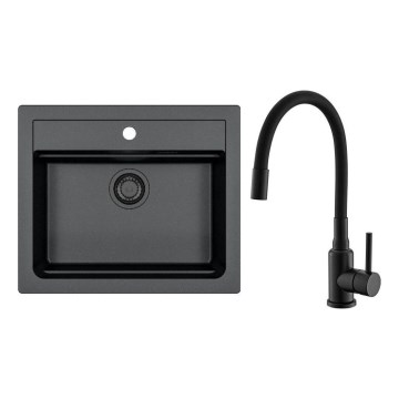 ALVEUS SETA23228 - ATROX konyhai mosogató 59x50 cm + MINTAS 34 cm hajlékony kifolyókaros mosogató csaptelep, gránit/matt fekete