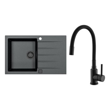 ALVEUS SETA23231 - CADIT 79x50 cm konyhai mosogató + MINTAS 34 cm mosogatócsaptelep rugalmas kifolyóval, gránit/matt fekete