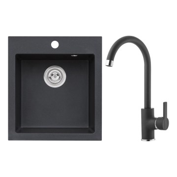 ALVEUS SETA737 - CORTINA 50x45 cm konyhai mosogató + TONIA 29,5 cm rugalmas kifolyókaros csaptelep gránit/matt fekete