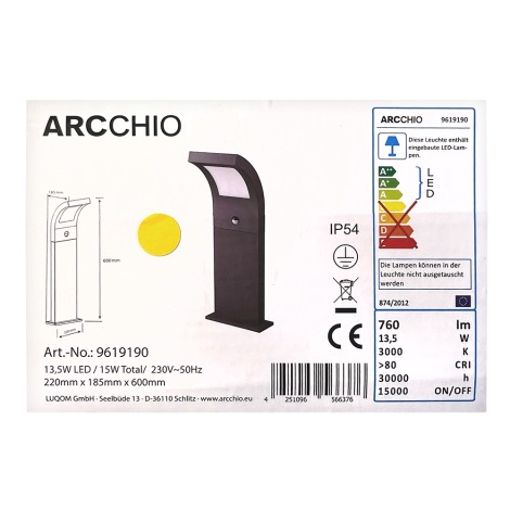 Arcchio - LED Kültéri lámpa érzékelővel ADVIK LED/13,5W/230V IP54