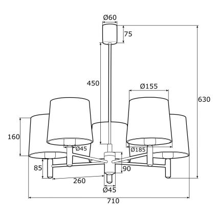 Argon 2085 - Mennyezeti lámpa rúdon PONTE 5xE27/15W/230V réz/kék