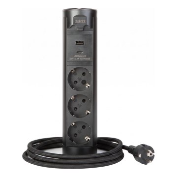 Asztallapra szerelhető csatlakozóoszlop 3×230 V + USB-A + USB-C fekete