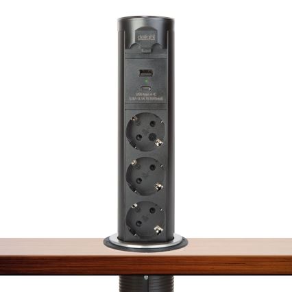 Asztallapra szerelhető csatlakozóoszlop 3×230 V + USB-A + USB-C fekete