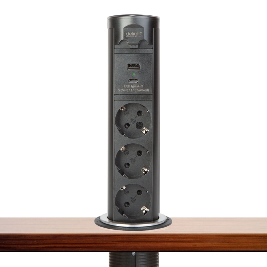 Asztallapra szerelhető csatlakozóoszlop 3×230 V + USB-A + USB-C fekete