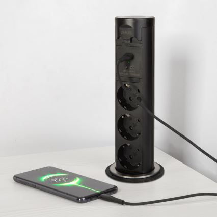 Asztallapra szerelhető csatlakozóoszlop 3×230 V + USB-A + USB-C fekete