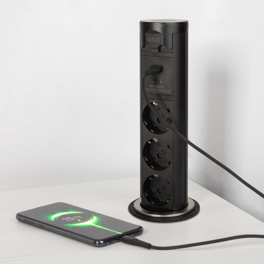 Asztallapra szerelhető csatlakozóoszlop 3×230 V + USB-A + USB-C fekete