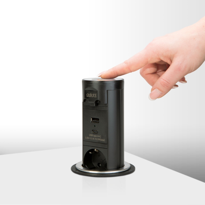 Asztallapra szerelhető csatlakozóoszlop 3×230 V + USB-A + USB-C fekete