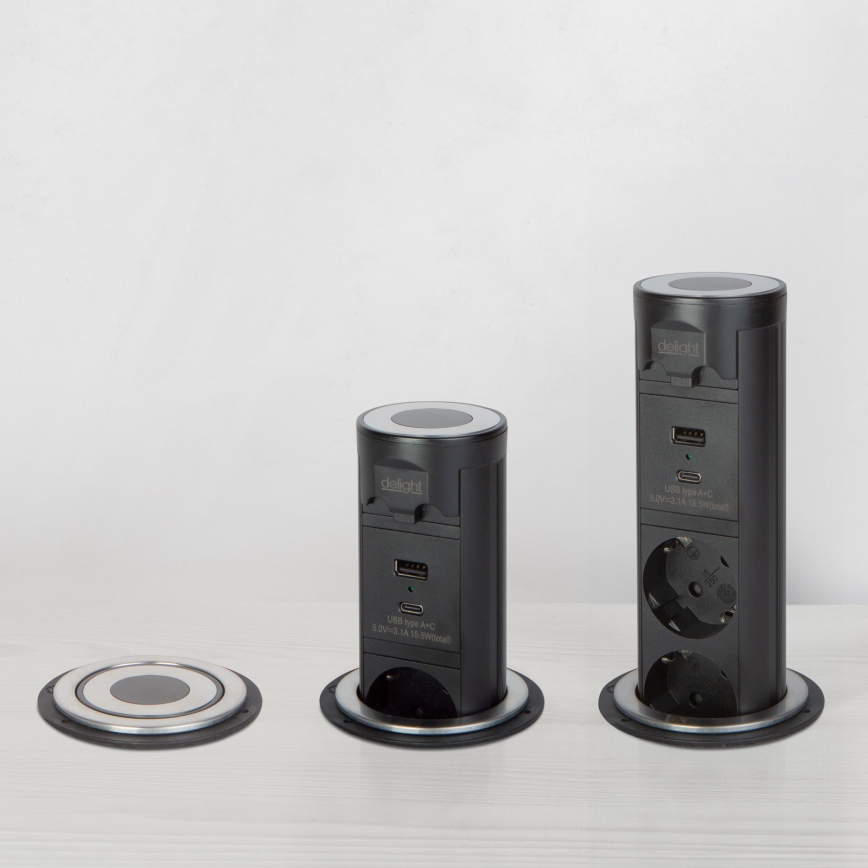 Asztallapra szerelhető csatlakozóoszlop 3×230 V + USB-A + USB-C fekete