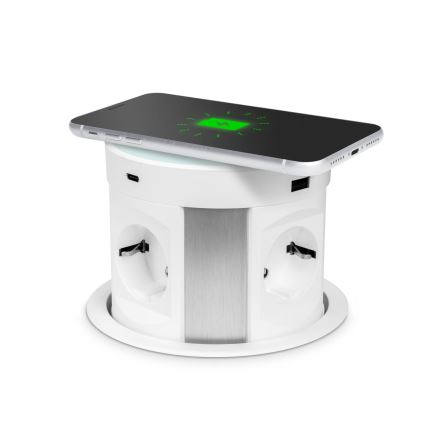Asztallapra szerelhető konnektoros oszlop vezeték nélküli töltéssel — 4×230 V + 2×USB-A + 2×USB-C, fehér