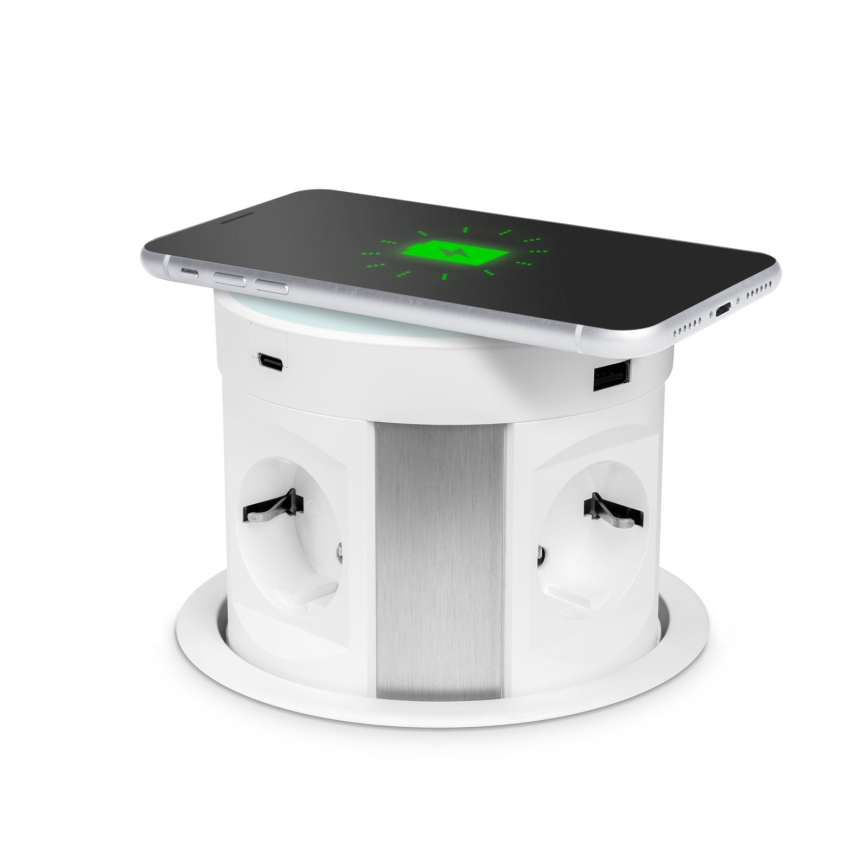 Asztallapra szerelhető konnektoros oszlop vezeték nélküli töltéssel — 4×230 V + 2×USB-A + 2×USB-C, fehér