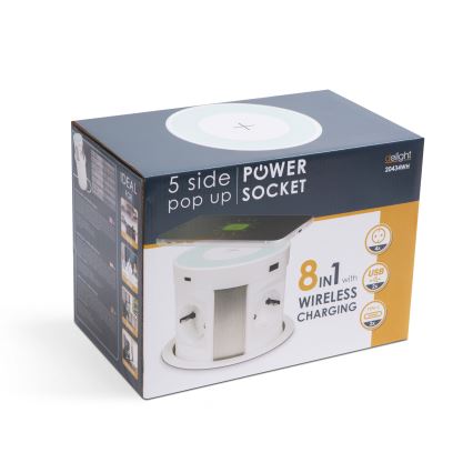 Asztallapra szerelhető konnektoros oszlop vezeték nélküli töltéssel — 4×230 V + 2×USB-A + 2×USB-C, fehér