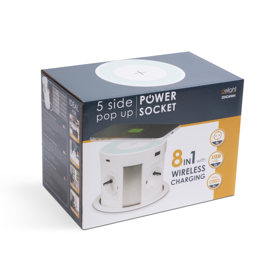 Asztallapra szerelhető konnektoros oszlop vezeték nélküli töltéssel — 4×230 V + 2×USB-A + 2×USB-C, fehér