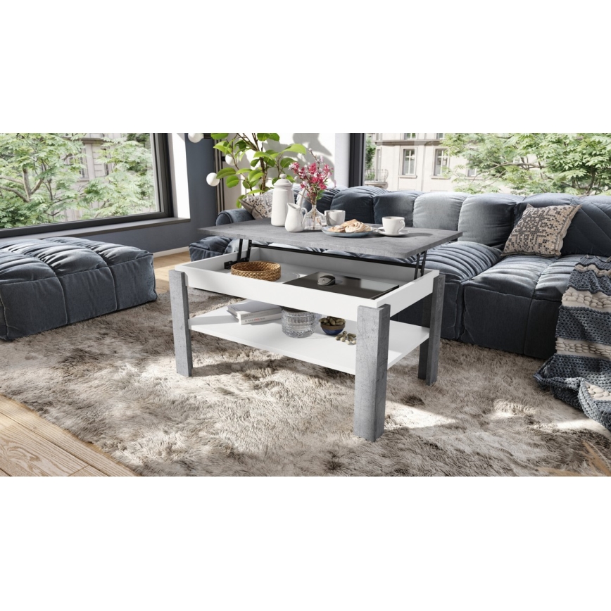 Kihajtható dohányzóasztal emelhető asztallappal és polccal ADEN szürke beton/fehér