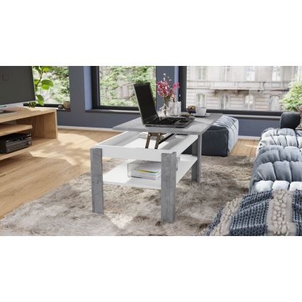 Kihajtható dohányzóasztal emelhető asztallappal és polccal ADEN szürke beton/fehér