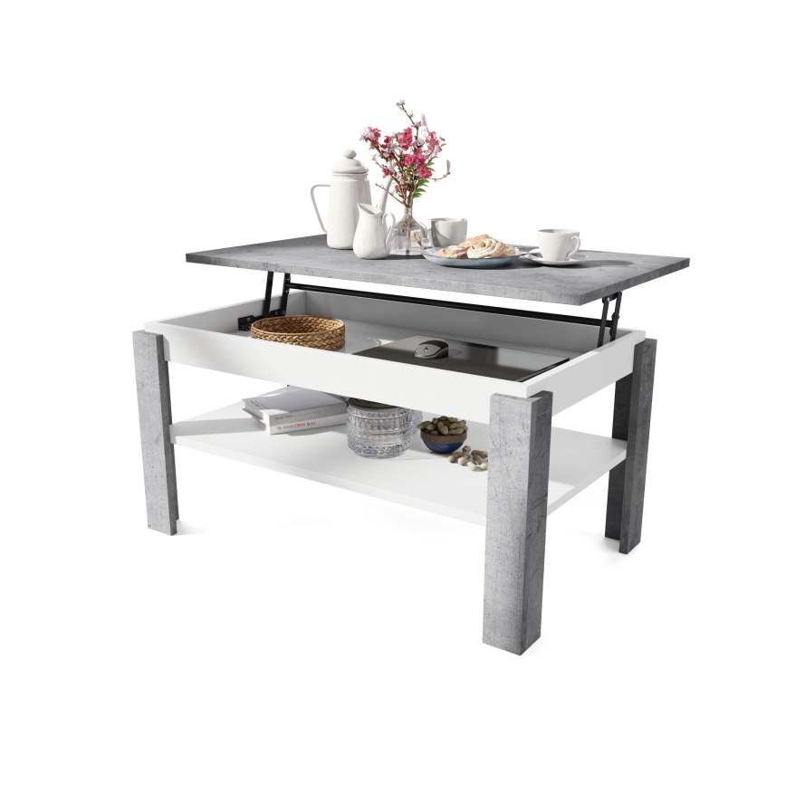 Kihajtható dohányzóasztal emelhető asztallappal és polccal ADEN szürke beton/fehér