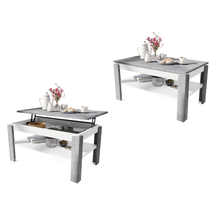 Kihajtható dohányzóasztal emelhető asztallappal és polccal ADEN szürke beton/fehér