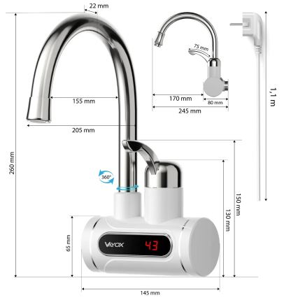 Átfolyós vízmelegítő LED-del kijelző 3000W/230V IPX4 fehér
