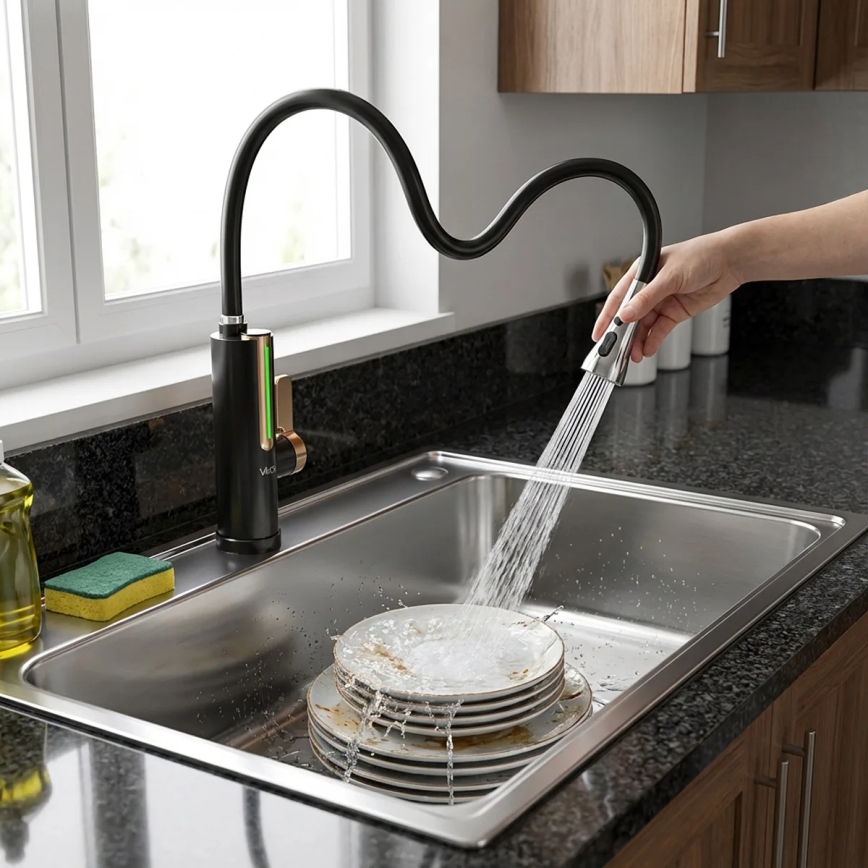 Átfolyós vízmelegítő LED-kijelzővel 3000W/230V IPX4 fekete/arany